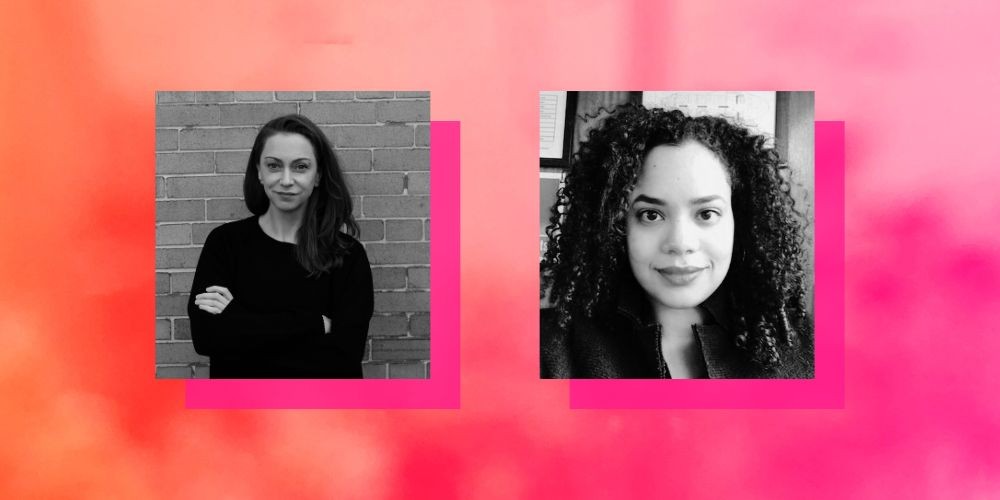 headshots of Claire Fowler ‘11 and Adjunct Assistant Professor Diana Peralta on a pink background