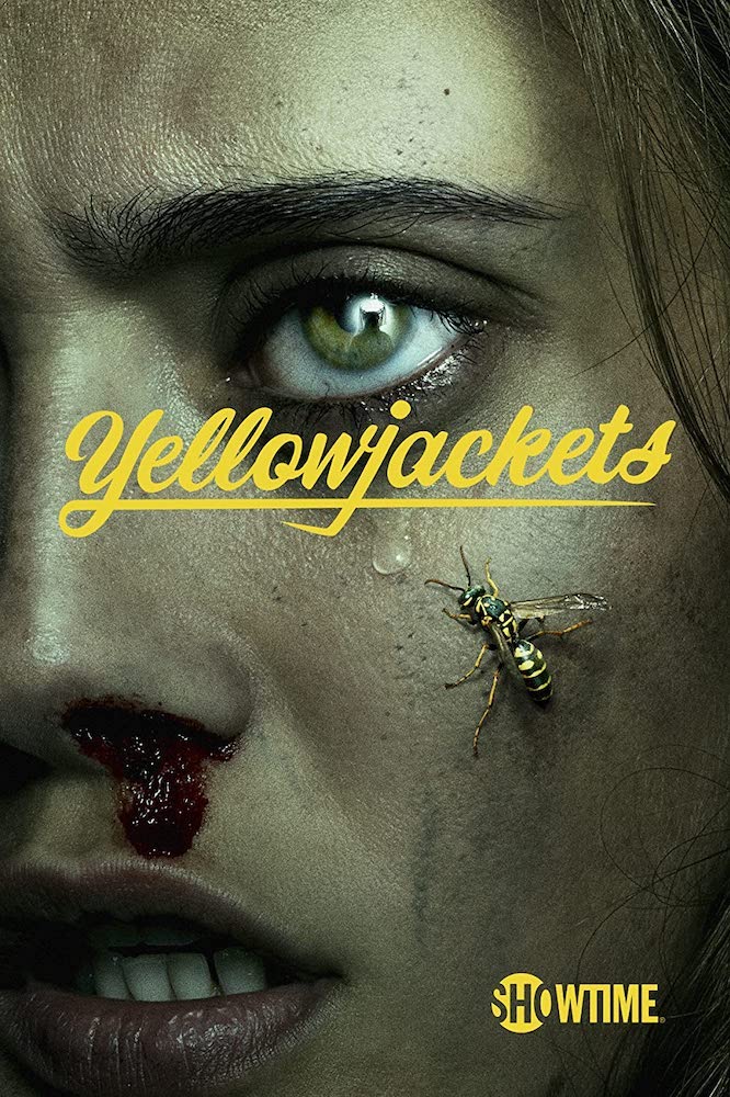 Yellowjackets promotional poster - close-up of a girl's face with a yellowjacket crawling on the cheek