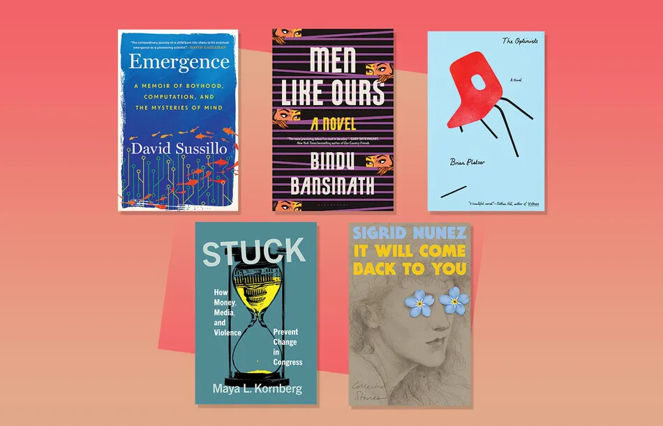 Five book covers featured in Columbia Magazine's spring reading list: 'Emergence,' 'Men Like Ours,' 'The Optimists,' 'Stuck,' and 'It Will Come Back to You.'