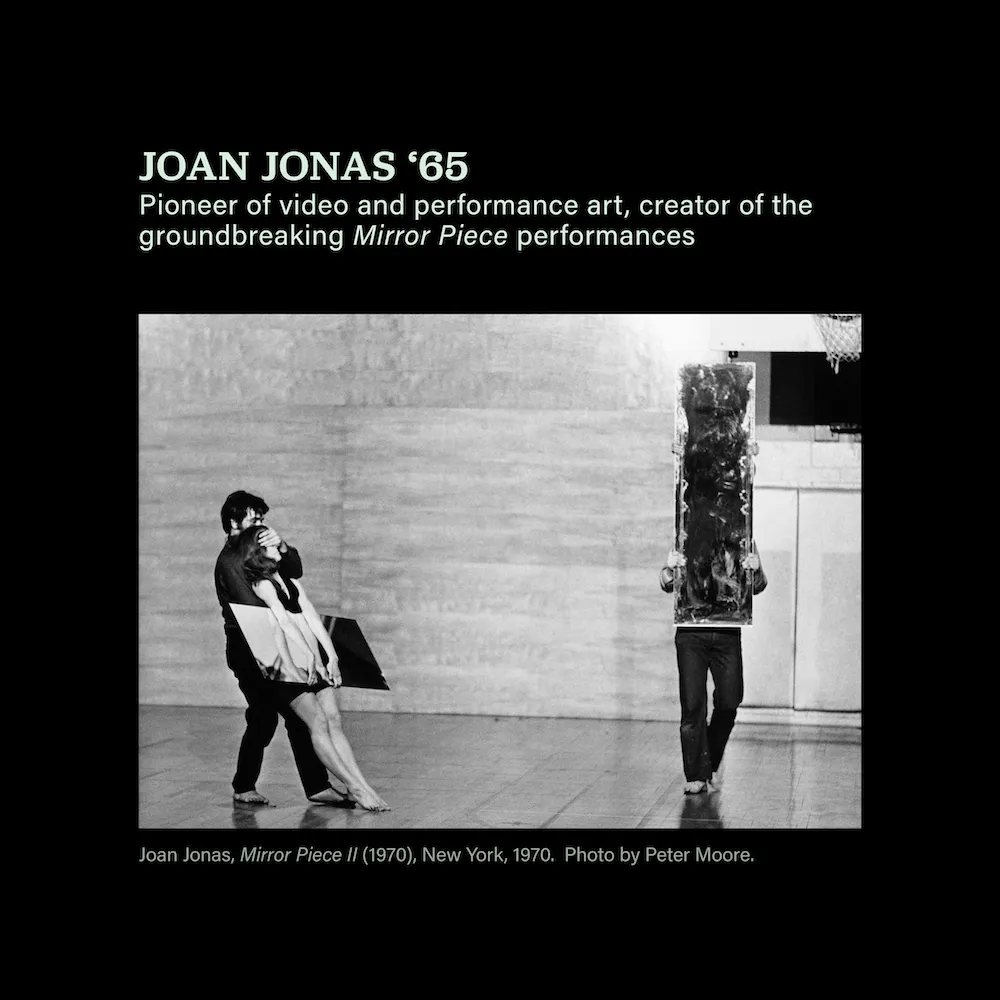 Photo of Joan Jonas performance, 'Mirror Piece II' (1970), New York, 1970. Caption: Joan Jonas '65: pioneer of video and performance art, creator of the groundbreaking 'Mirror Piece' performances