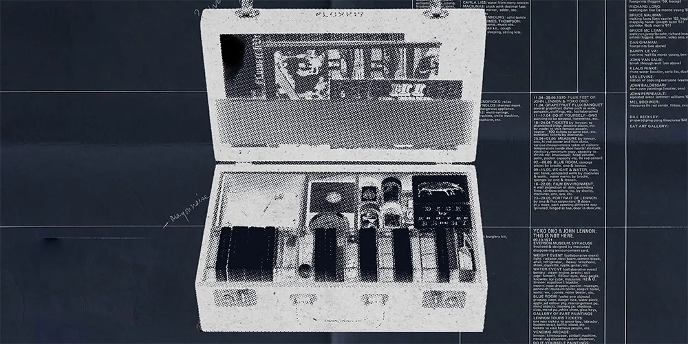 drawing of old white briefcase on blue paper
