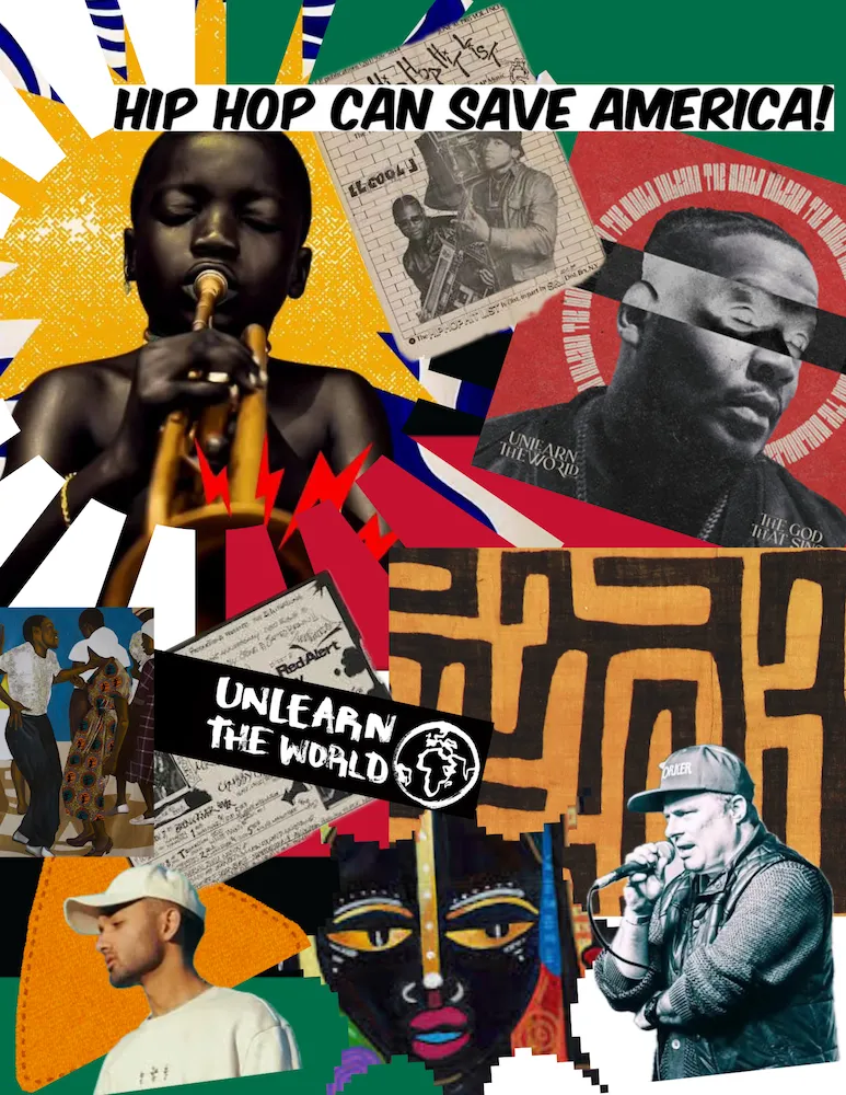 poster featuing collage of images, shapes, people
