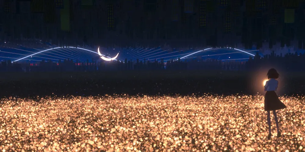 girl standing on stars looking at moon, Belle 2021 film