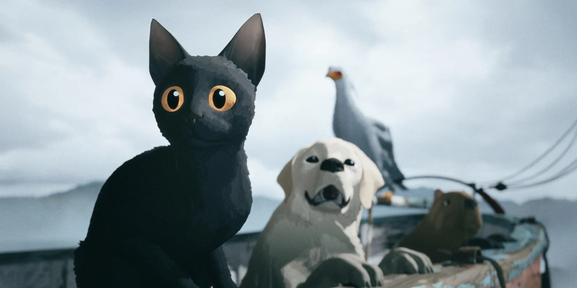 still from animated movie 'Flow' featuring a cat, dog, and bird in a boat