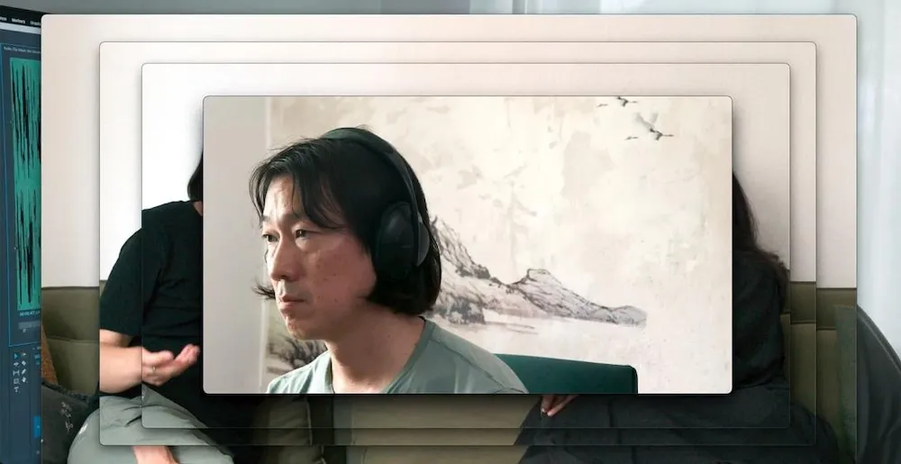 a person wearing headphones, with layers of images behind them
