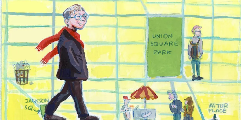 drawing of a person walking around a map of NYC