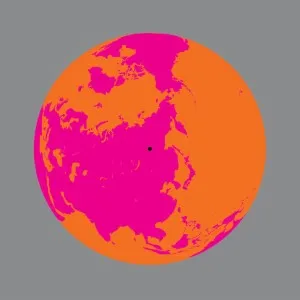 Orange and pink image of the globe centered in Siberia, Rusia.