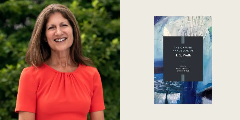 Headshot of Sarah Cole next to book cover of 'The Oxford Handbook of H. G. Wells'
