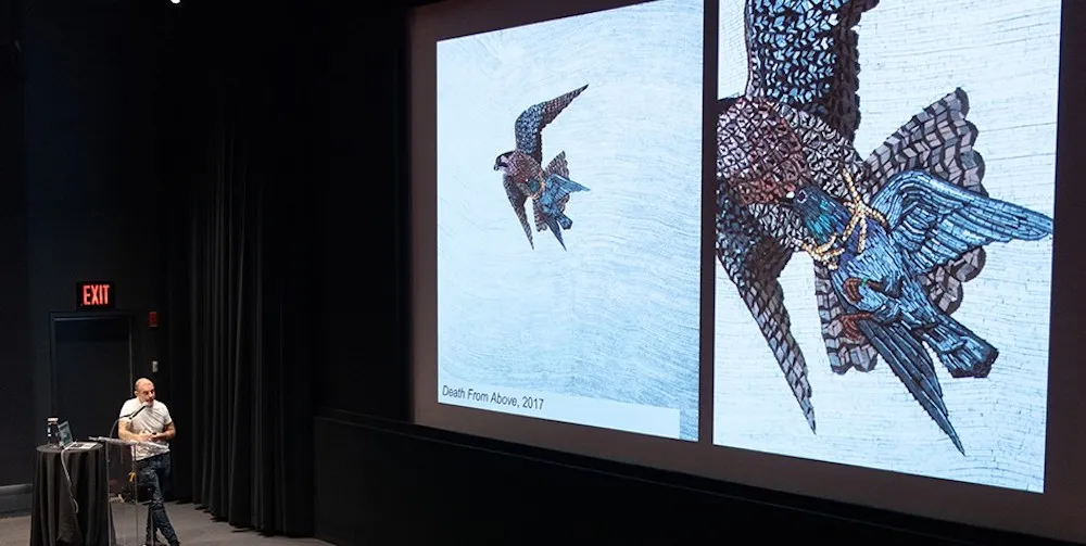Artist Duke Riley speaks at the Lenfest Center for the Arts about his work, "Death From Above" (2017). Photo: Joel Jares.
