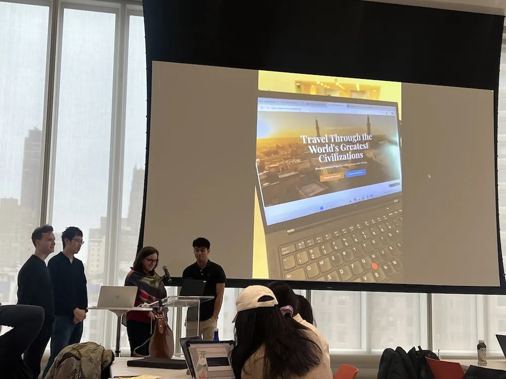 a group of people give a presentation at a podium