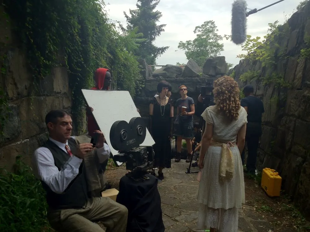 Cast and crew shooting outdoors