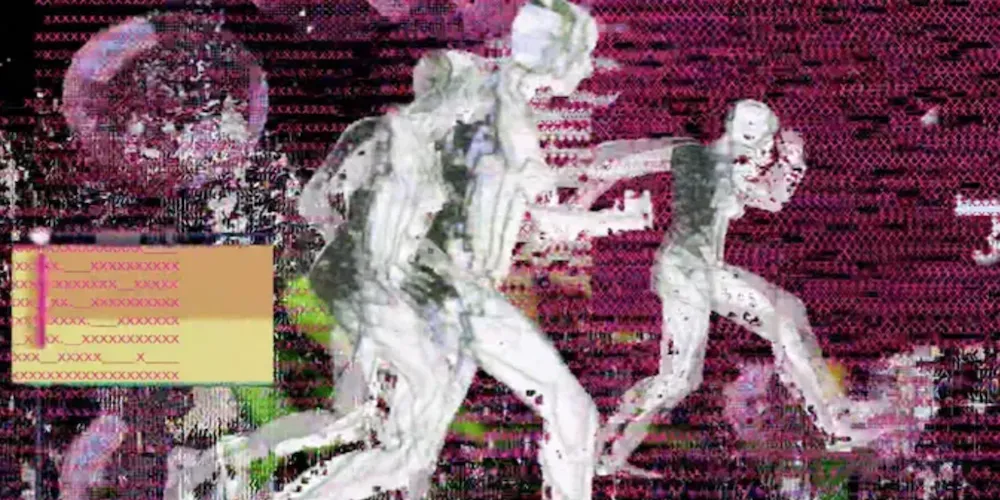 A purple painting with white figures running to the left. 