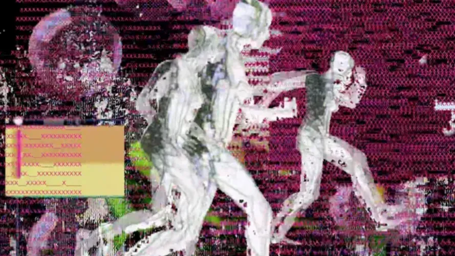 digitally inspired visual art, magenta with white figures