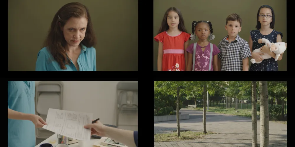 Four panels: (top left) woman in blue shirt, (top right) four school aged children, (bot. left) papers being handed between two people, (bot. right) courtyard with trees