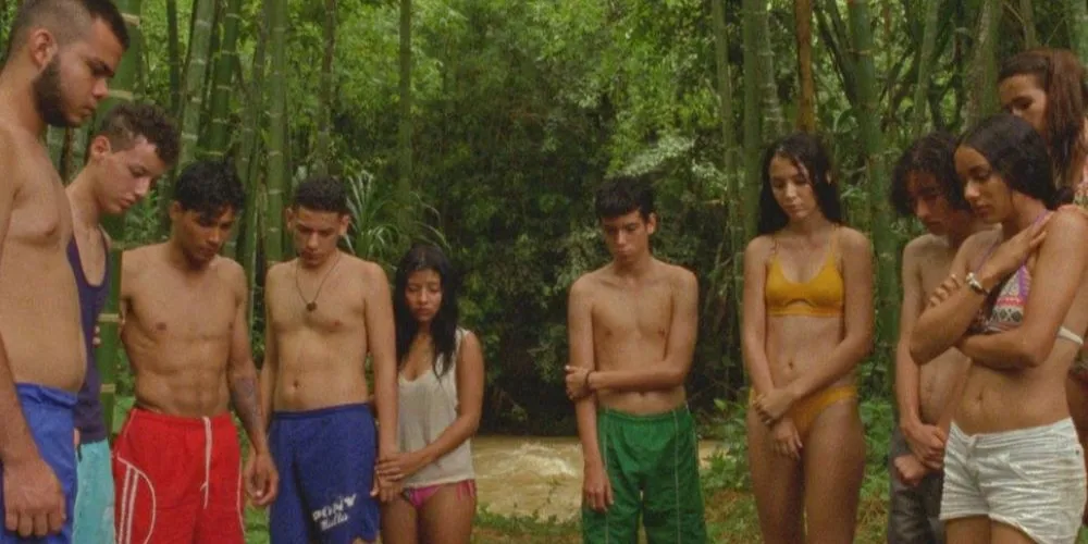 Crowd of young people in swim wear in a forest