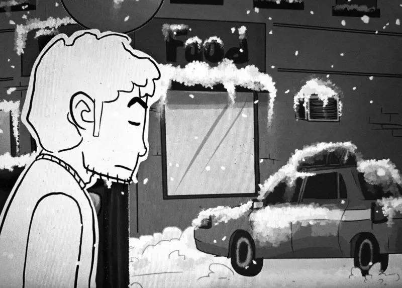 Animated character on snowy city street