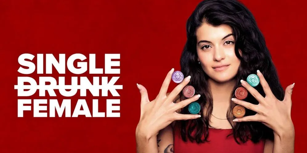 Promotional ad depicting woman on red background
