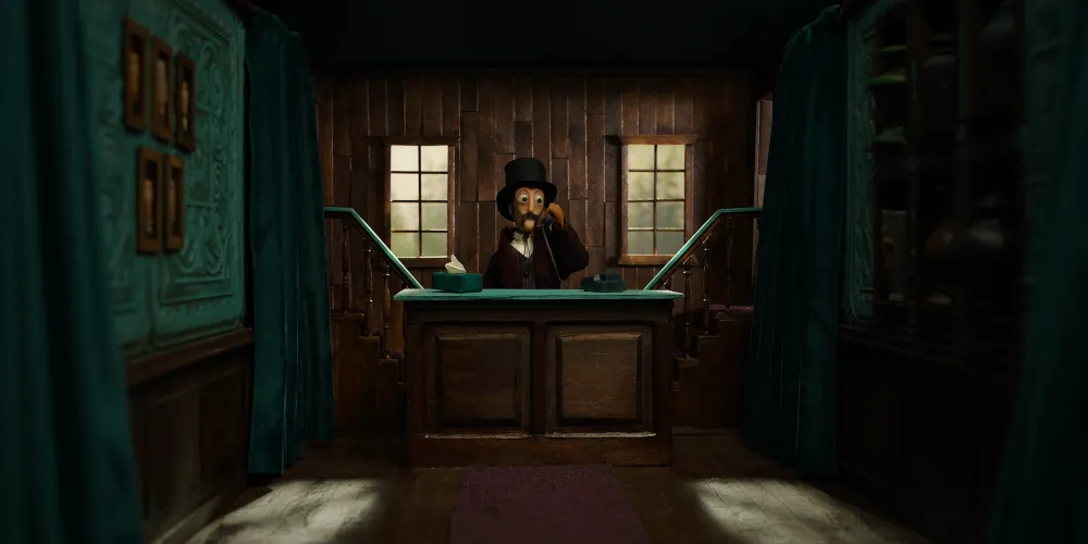 Animated man in suit and top hat seated as desk
