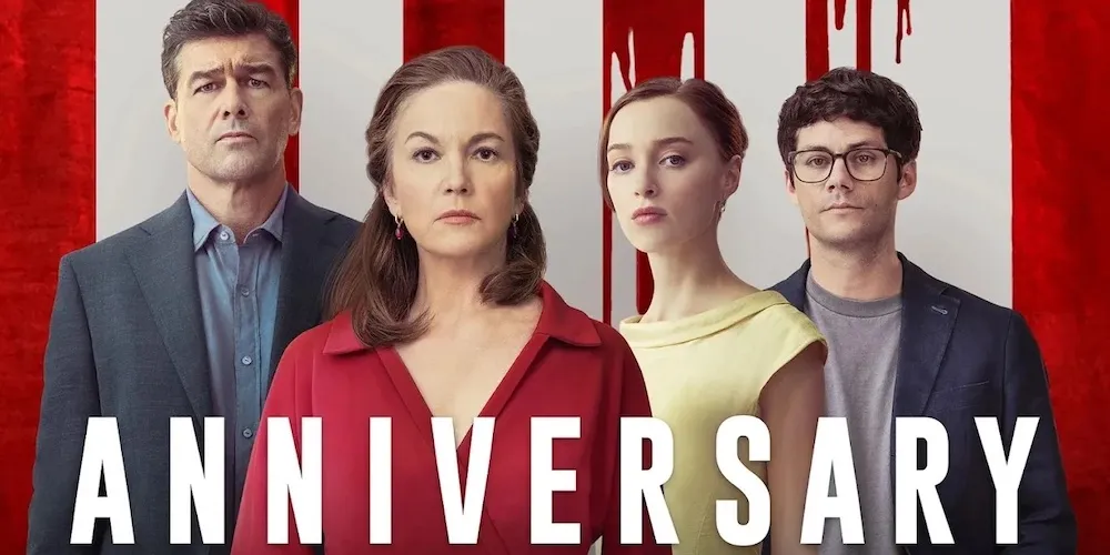 Anniversary cast stands in front of red and white stripes. 