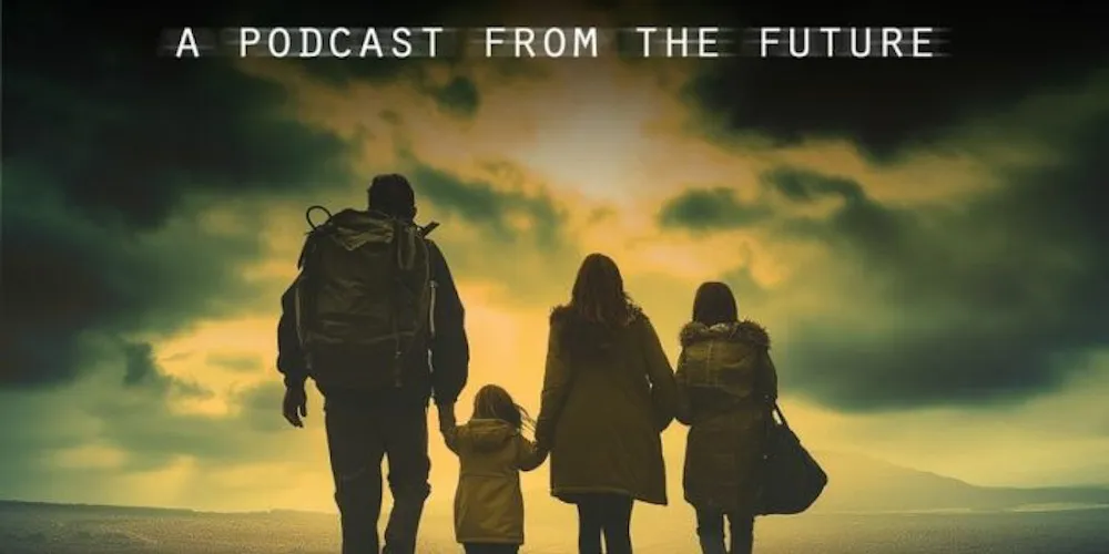 Silhouettes of two adults and two children walking towards neon green and yellow stormy sky.
