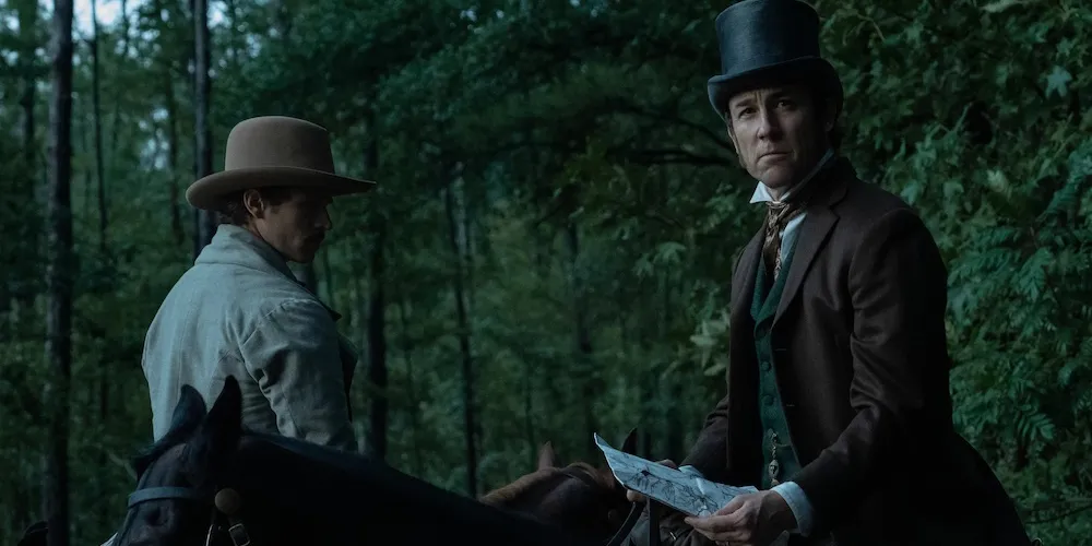 Still from 'Manhunt,' two men on horseback