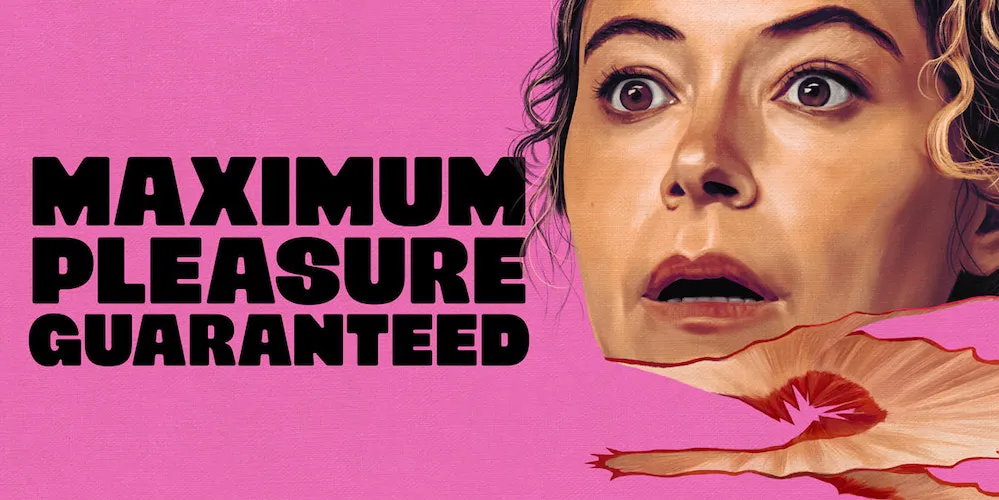 Series art for the Apple TV+ series 'Maximum Pleasure Guaranteed.'