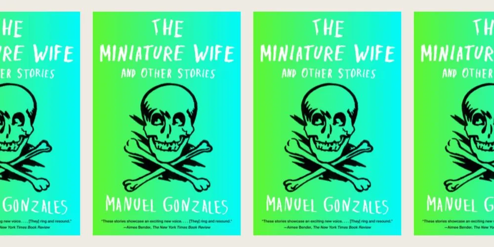Book cover of "The Miniature Wife" with a skull and crossbones on a green and blue background. 