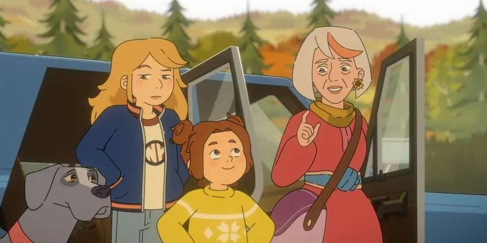 still from animated show with three characters and a dog outside