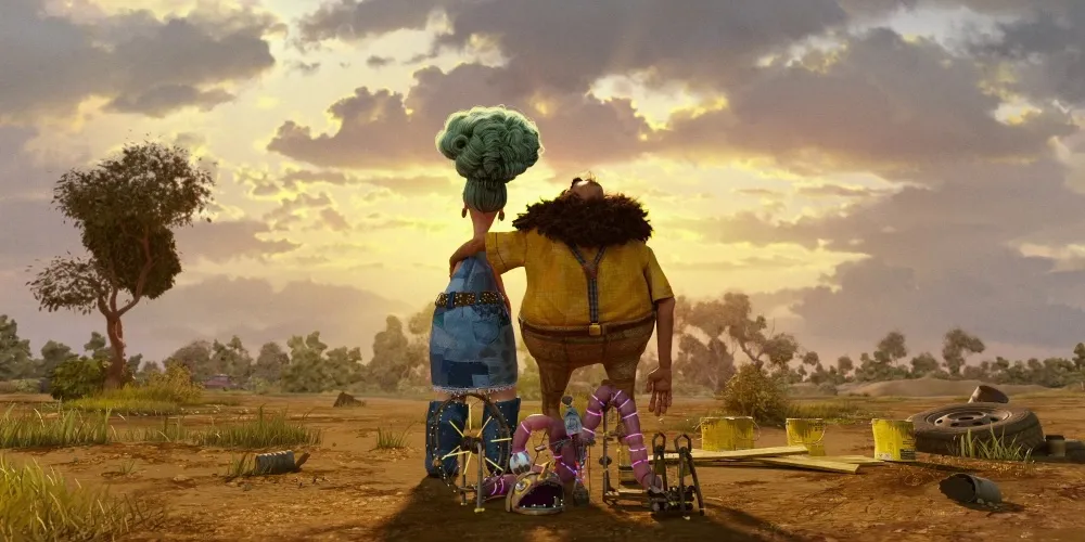 still from an animated film where two figures face away from us towards the sun