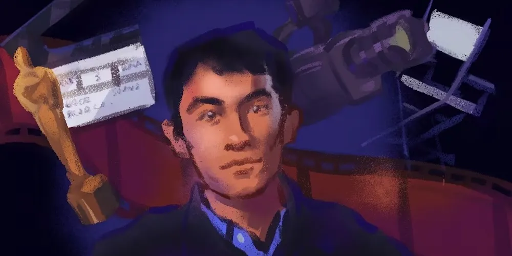 an illustration of a man next to an oscar, film slate, and camera