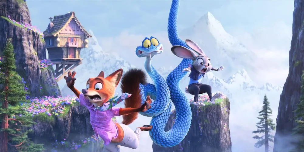 still from an animated movie of a fox, bunny, and snake jumping from a cliff