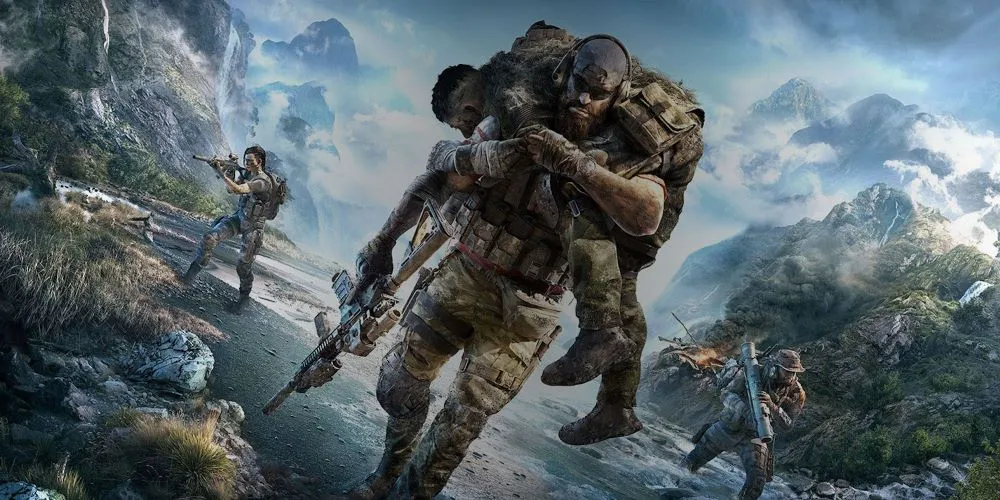 Video game screen capture. A soldier carries another soldier.