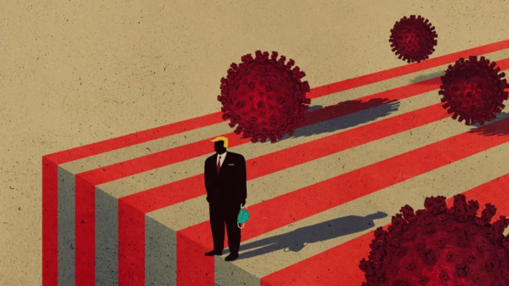 Silhouette standing on the edge of a striped platform with large viruses behind him
