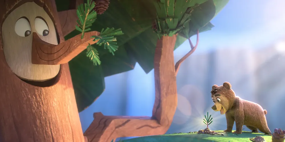 animated still of a bear next to a tree