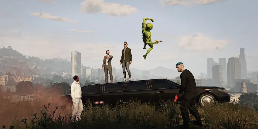 People jump above a limousine. 
