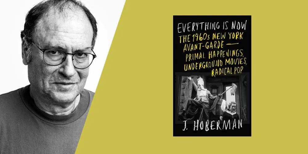 J Hoberman alongside the cover of his book, Everything Is Now