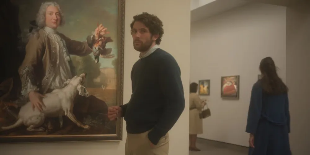 a man stands in front of a painting at an art museum