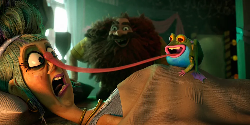 still from an animated movie where a frog licks a woman's face