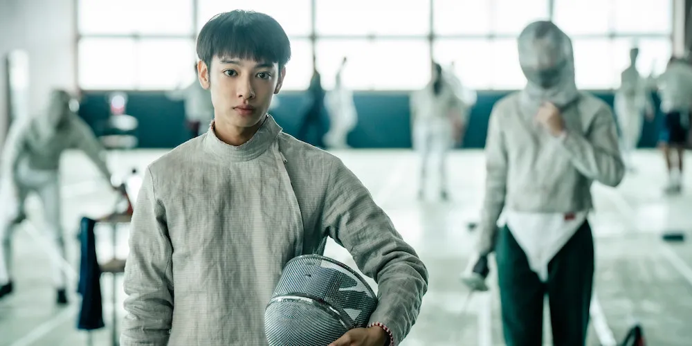 Still from 'Pierce' a boy in fencing gear