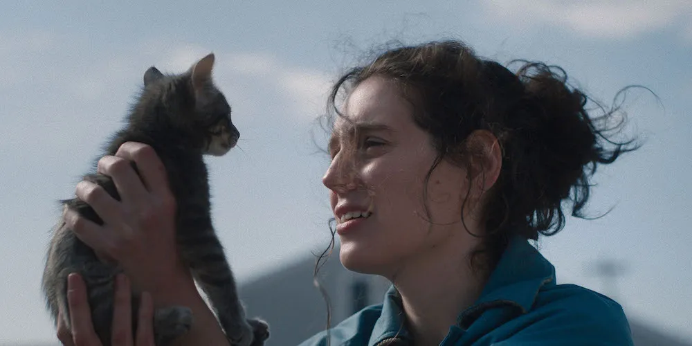 A woman holds up a kitten