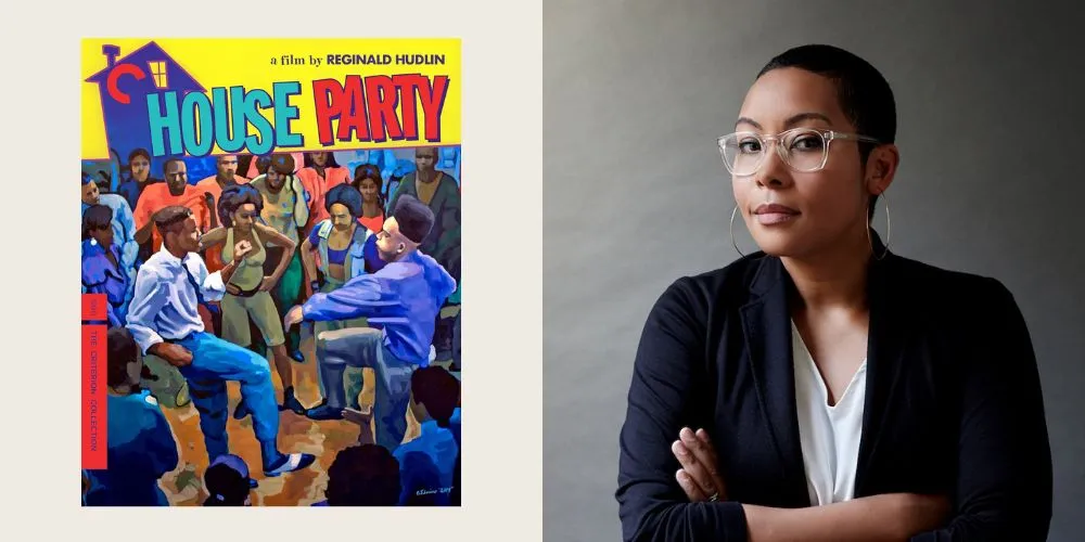 Left: movie poster for 'House Party'; Right: Headshot of Racquel Gates