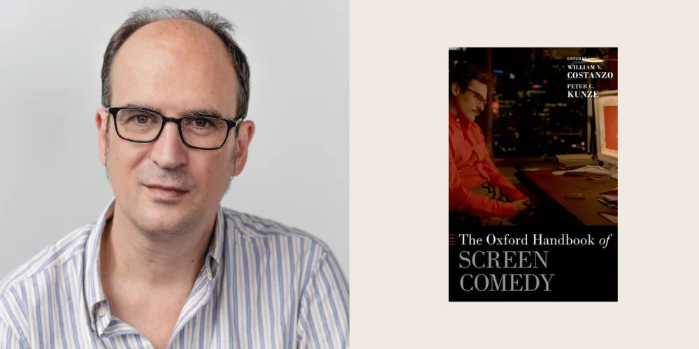headshot of Rob King next to book cover of 'The Oxford Handbook of Screen Comedy' 