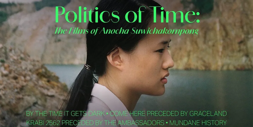 a woman looks out over a body of water. text over image: Politics of Time.