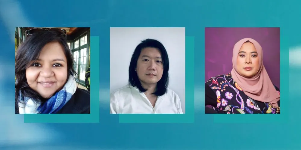 headshots of Jeremy Tiang, Zizi Majid, and Sushma Khadepaun