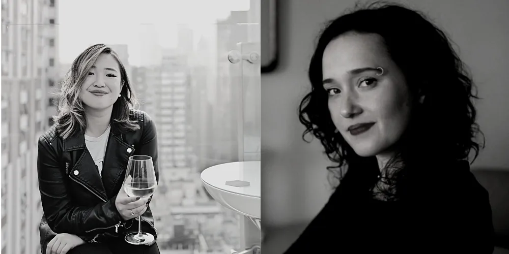 Black and white side-to-side headshot of Jemimah Wei & Madeleine Cravens