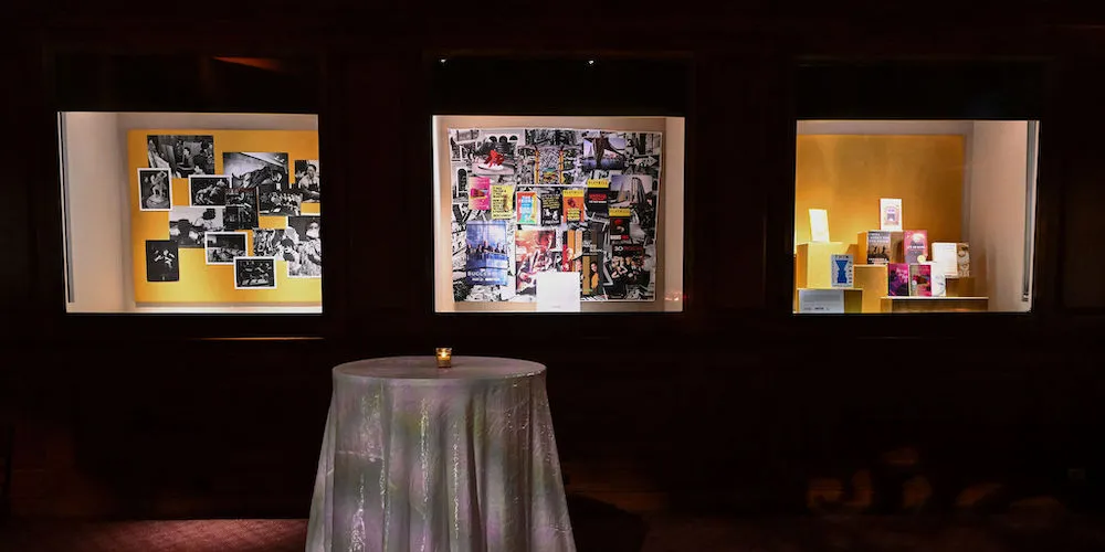Photo of three glass display cases filled with exhibits