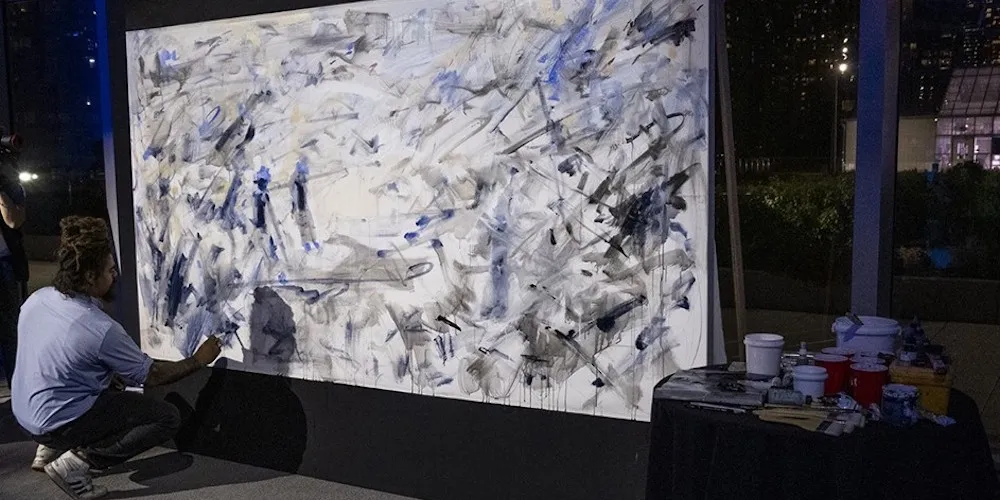 School of the Arts MFA student Aristotle Forrester creating a painting at the first Obama Foundation Democracy Forum. Photo: Obama Foundation.
