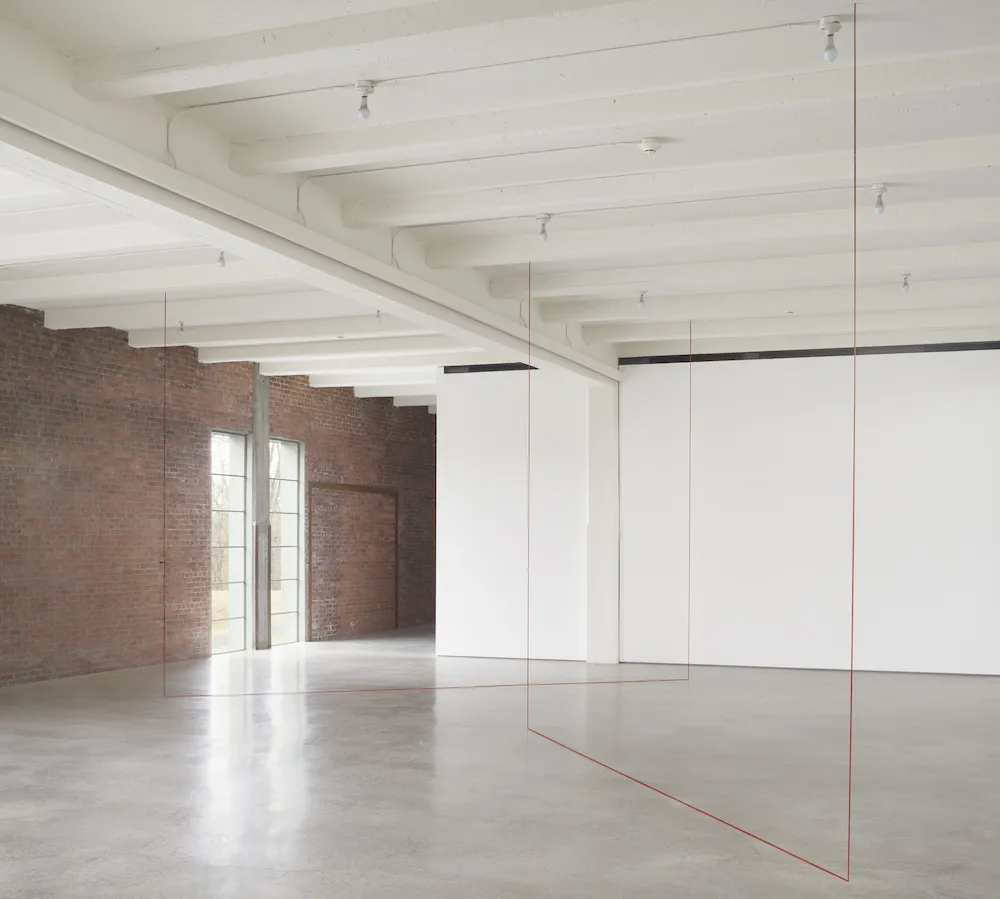  Fred Sandback, 'Untitled (from Ten Vertical Constructions [rust red variation]),' (Rust red acrylic yarn; 2 parts, 1977–79). Dia Art Foundation; Gift of the Fred Sandback Estate. 