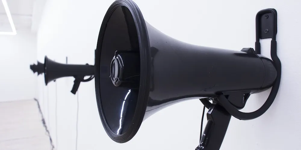 Kamari Carter, 'Event Horizon,' (10-channel live audio broadcast, 10 black megaphones, dimensions variable, 2023). Courtesy of the artist and Microscope Gallery, New York