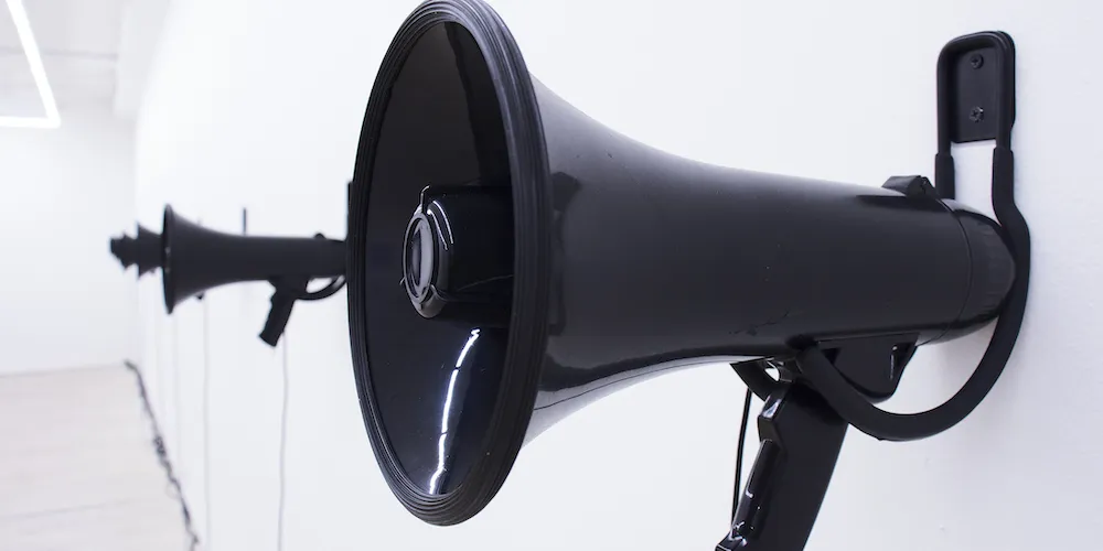 Kamari Carter, 'Event Horizon,' (10-channel live audio broadcast, 10 black megaphones, dimensions variable, 2023). Courtesy of the artist and Microscope Gallery, New York